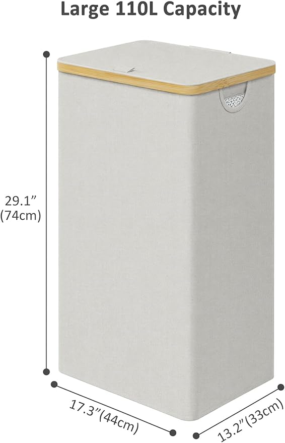 iEGrow 110L Laundry Basket with Lid, Laundry Hamper with Bamboo Handle,Clothes Basket Organizer with Removable Inner Bag for Clothes Towels,Light Grey