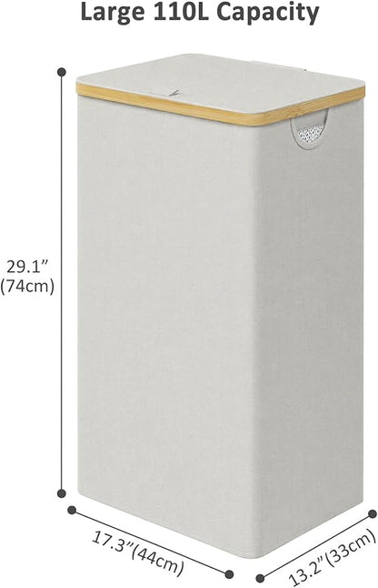 iEGrow 110L Laundry Basket with Lid, Laundry Hamper with Bamboo Handle,Clothes Basket Organizer with Removable Inner Bag for Clothes Towels,Light Grey