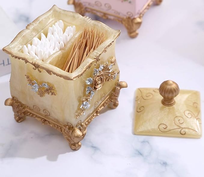 Qtip and Cotton Ball Swab Holder Dispenser Container Organizer Makeup Pads Canister for Bathroom Kitchen Gold