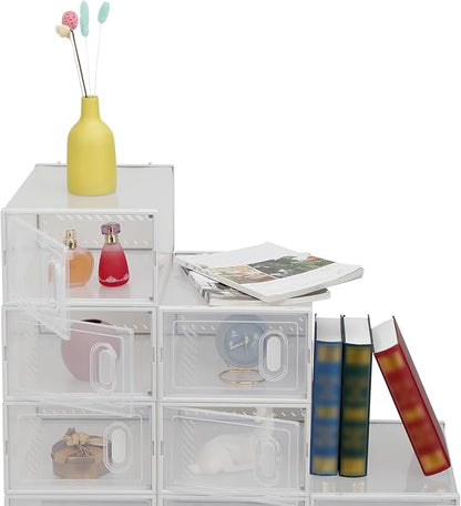 Shoe Boxes Clear Plastic Stackable, Shoe Storage Box 12 Pack, Shoes Organizer, Modular & Space Saving, Ventilation Holes, Interlocking Design, Sneaker Containers Display Case, White & Transparent