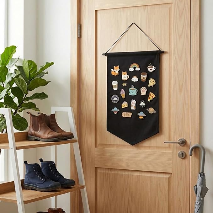 3 PCS Canvas Banner Blank with Wooden Dowel, Canvas Banners Wall Hanging Brooch Jewelry Badges Display, Enamel Pin Holder Display for Buttons Earrings (Black, Small)