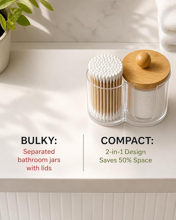 2-in-1 Cotton Round Holder & Cotton Swab Holder with Bamboo Lid - Clear Plastic Cotton Pad Dispenser, Shatterproof Dual Compartment Bathroom Container for Cotton Balls & Vanity Storage