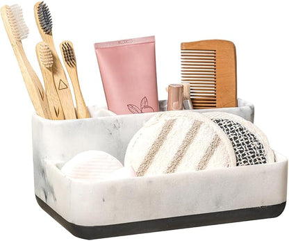 zccz White Marble Design Makeup Organizer - Bathroom Counter Storage for Toothbrushes and Cosmetics - Anti-Slip Cabinet Holder with 4 Compartments - Ideal Vanity Accessory for Organizing Essentials