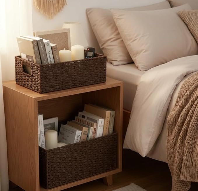 TOPZEA 2 Pack Brown Wicker Storage Basket for Shelves, Hand Woven Paper Rope Shelf Basket, Pantry Organization Baskets with Handle, Decorative Closet Organizer Bins for Kitchen, Bathroom, Coffee Bar