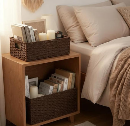 TOPZEA 2 Pack Brown Wicker Storage Basket for Shelves, Hand Woven Paper Rope Shelf Basket, Pantry Organization Baskets with Handle, Decorative Closet Organizer Bins for Kitchen, Bathroom, Coffee Bar