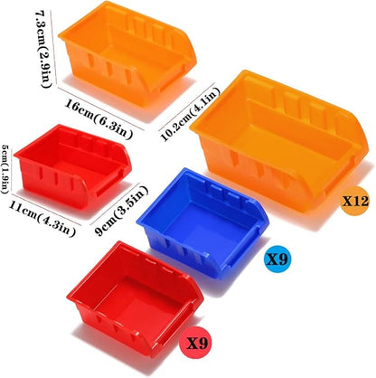 30-Bin Wall Mounted Storage Bins Kit, Tool Organizer Rack, Garage Hardware Organizer, Parts Storage Bins, DIY Combination(Red & Blue & Orange Type)