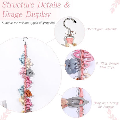 SNOWSTAR Macrame Hair Claw Clip Organizer with Rotating Hook and 20 Metal Rings,Hanging Hair Clip Holder and Storage for Women Girls,Claw Clips Hanger Home Decor for Wall,Door,Closet (Pink1PCS)