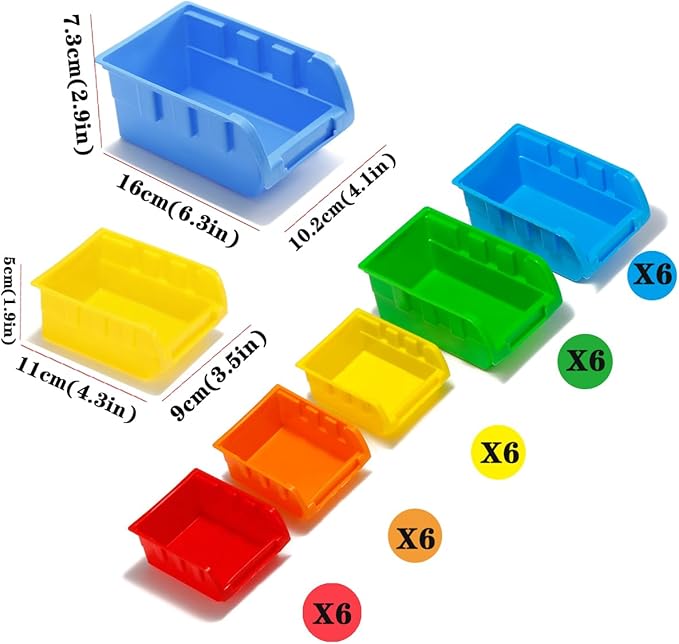 30-Bin Wall Mounted Storage Bins Kit, Tool Organizer Rack, Garage Hardware Organizer, 5 Color Parts Storage Bins, DIY Combination