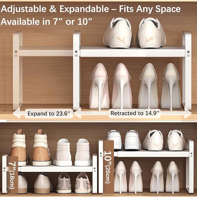 Expandable 1-Tier Metal Shoe Rack (H:10"), Adjustable Width 14.9"-23.6", Heavy-Duty Stackable Free-Standing Shoe Shelf for Closet & Entryway – 2-Pack Set