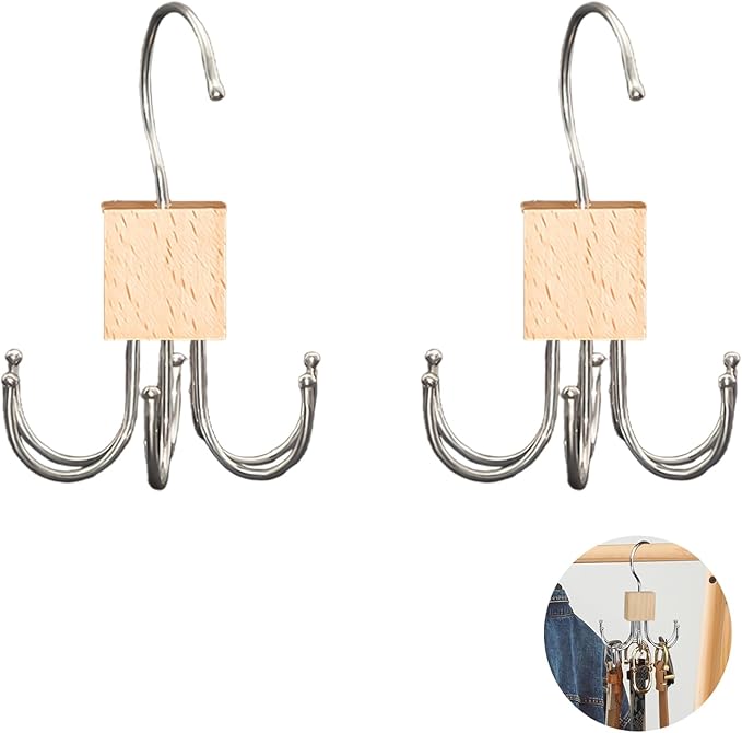 Belt Hanger, 2Pcs Belt Organizer for Closet 360°,Rotatable Max 48 Belt Storage Rack Space Saving Storage Rack for Belt, Bra, Tank Top, Tie, Scarf(Wood Color)