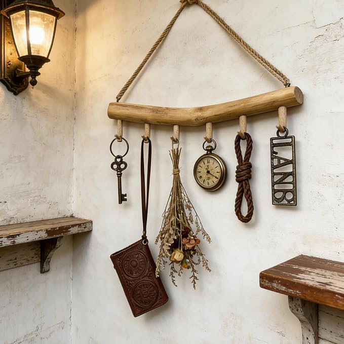 15.7-Inch Rustic Wood Wall Hanging Jewelry Organizer - Handmade Natural Wood Logs Branch Decor with 6 Hooks for Necklace, Earring, Bracelet Storage - Farmhouse, Cabin, Bathroom Home Décor
