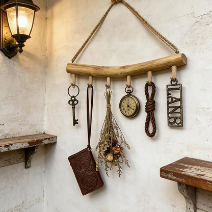 15.7-Inch Rustic Wood Wall Hanging Jewelry Organizer - Handmade Natural Wood Logs Branch Decor with 6 Hooks for Necklace, Earring, Bracelet Storage - Farmhouse, Cabin, Bathroom Home Décor