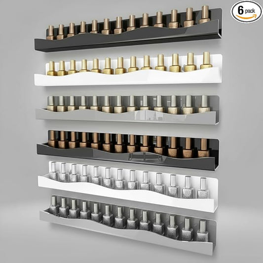 YMVV 3 Colors Nail Polish Wall Mounted Shelf,15 Inch White Gray Black Nail Polish Floating Shelves for 66-90 Bottles Multi-Purpose,Ideal Gift, Great Display for Salons Retailers,6 Pack