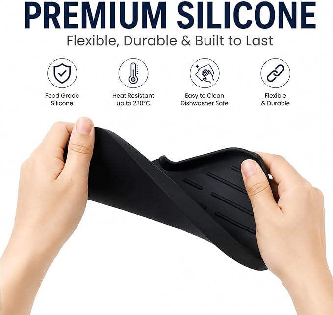 MicoYang Silicone Bathroom Soap Dishes with Drain Spout-Bathroom and Kitchen Sink Organizer,Sponge Holder,Dish Soap Tray,Perfect for Dispenser,Scrubber,Bottle,Cup on Sink or Counter-Black 9.6"×5.3"