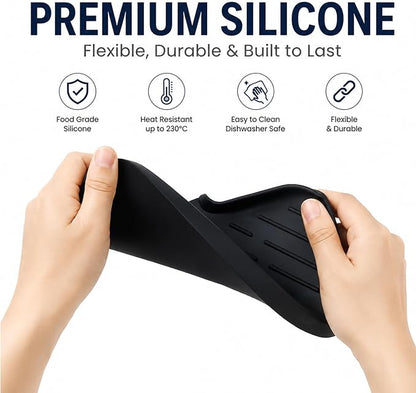 MicoYang Silicone Bathroom Soap Dishes with Drain Spout-Bathroom and Kitchen Sink Organizer,Sponge Holder,Dish Soap Tray,Perfect for Dispenser,Scrubber,Bottle,Cup on Sink or Counter-Black 9.6"×5.3"
