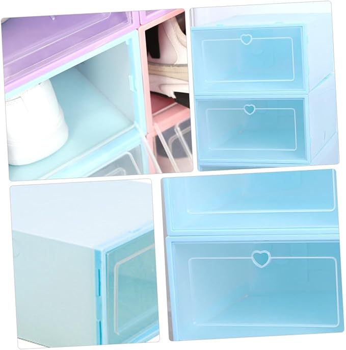 TOYANDONA 6Pcs Plastic Drawer-type Shoes Storage Boxes for Women Transparent Heart Pattern Shoe Organizers with Clamshell Lid Stackable and Reinforced Design Blue