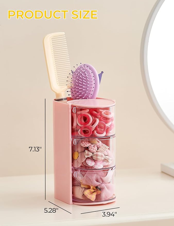 UFORU Hair Accessories Organizer with Hair Brush Holder, 3 Drawer Rotatable Hair Tie Organizer for Makeup Brushes, Hair Clips, Earrings, Necklaces, Bracelets and Hair Accessories, Pink, 3-Layer