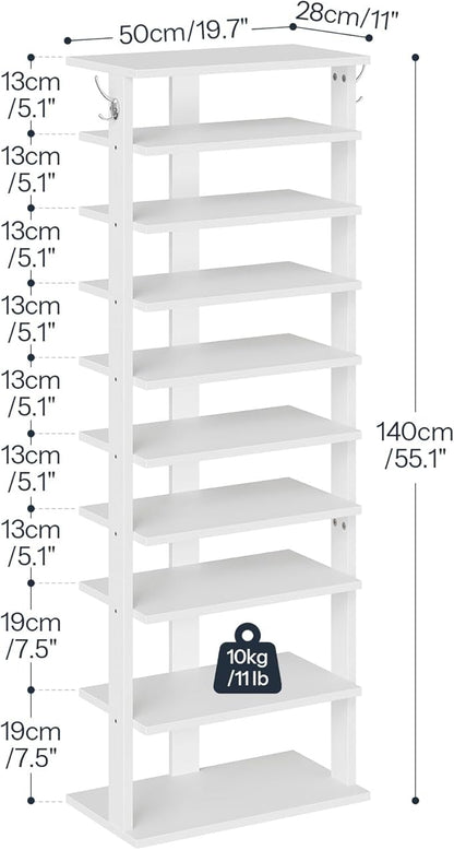 HOOBRO 10 Tiers Vertical Shoe Rack, Wooden Shoe Storage Organizer with Hooks, Narrow Shoe Tower for 20 Pairs, Space Saving, for Entryway, Living Room, Bedroom, White WT140XJ01