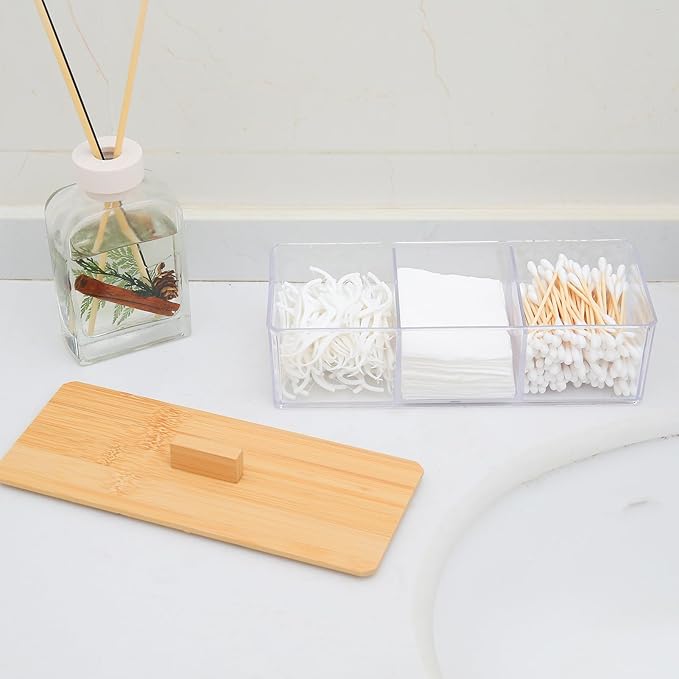 Wood Qtip Holder 3 Compartments Cotton Ball and Swab Holder Organizer with Lid,Jar for Cotton Rounds,Bathroom Containers,Clear Acrylic Desk Organizer for Makeup Pads,Cosmetics Bedroom