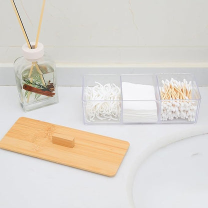 Wood Qtip Holder 3 Compartments Cotton Ball and Swab Holder Organizer with Lid,Jar for Cotton Rounds,Bathroom Containers,Clear Acrylic Desk Organizer for Makeup Pads,Cosmetics Bedroom
