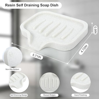 Self Draining Soap Dish for Shower and Bathroom Sink - Large Marble Resin Soap Holder with Drain, Non Slip Soap Tray for Bar Soap, Kitchen & Bathroom Counter