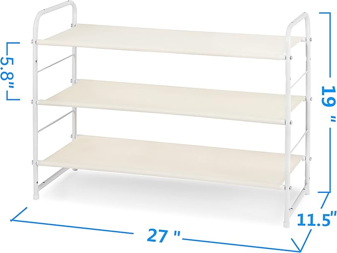 Simple Trending 3-Tier Stackable Shoe Rack, Expandable & Adjustable Fabric Shoe Shelf Storage Organizer, White