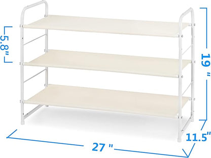Simple Trending 3-Tier Stackable Shoe Rack, Expandable & Adjustable Fabric Shoe Shelf Storage Organizer, White