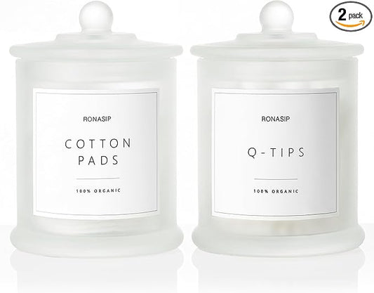 Ronasip Qtip Holder & Cotton Pad Dispenser, Bathroom Organizer and Storage Canisters, 16oz Glass Apothecary Jars for Kitchen, Restroom - Home Decor, Room Decor Aesthetic (2 Pack, Frosted White)