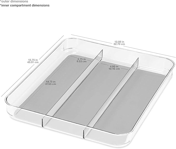 madesmart Premium 3 Compartment Clear Drawer Organizer, Multi-Purpose Storage with Soft Grip Lining & Non Slip Base, Grey