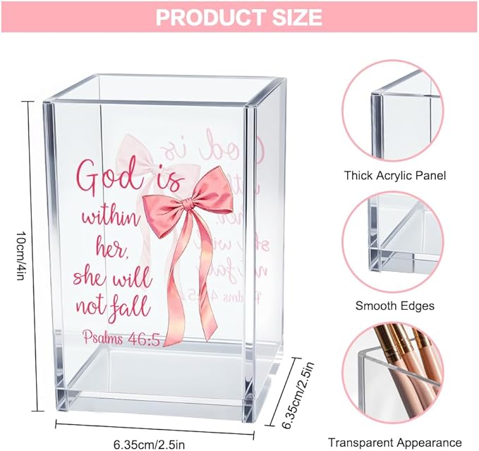 God is Within Her She Will Not Fall Psalm 46:5 Acrylic Cosmetic Pencil Pen Holder Cup, Pink Preppy Bow Desk Organizer for Home Office Decor, Christian Faith Gifts for Women Girls Coworkers Lady
