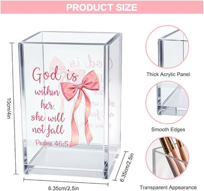 God is Within Her She Will Not Fall Psalm 46:5 Acrylic Cosmetic Pencil Pen Holder Cup, Pink Preppy Bow Desk Organizer for Home Office Decor, Christian Faith Gifts for Women Girls Coworkers Lady