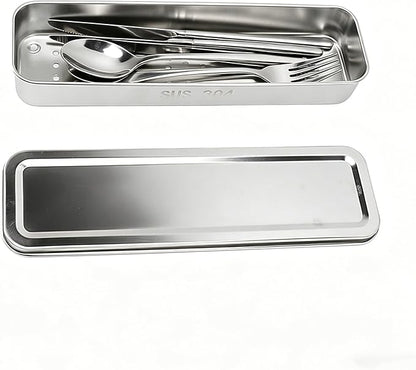Flatware Tray with Lid,Stainless Steel Cutlery Tray Holder,Chopsticks Storage Boxes Kitchen Draining Chopstick Spoon Fork Storage Box with Lid Drainer(silver)