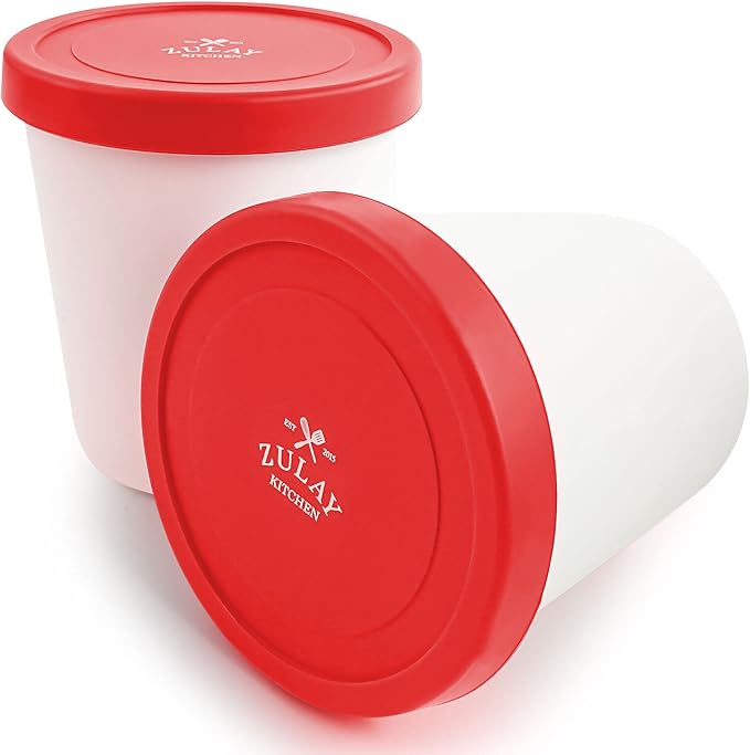 Zulay Large Ice Cream Containers - 2 Pack, 1 Quart Each - Reusable Ice Cream Container Set with Lids - For Sorbet, Gelato, Frozen Yogurt (Red)