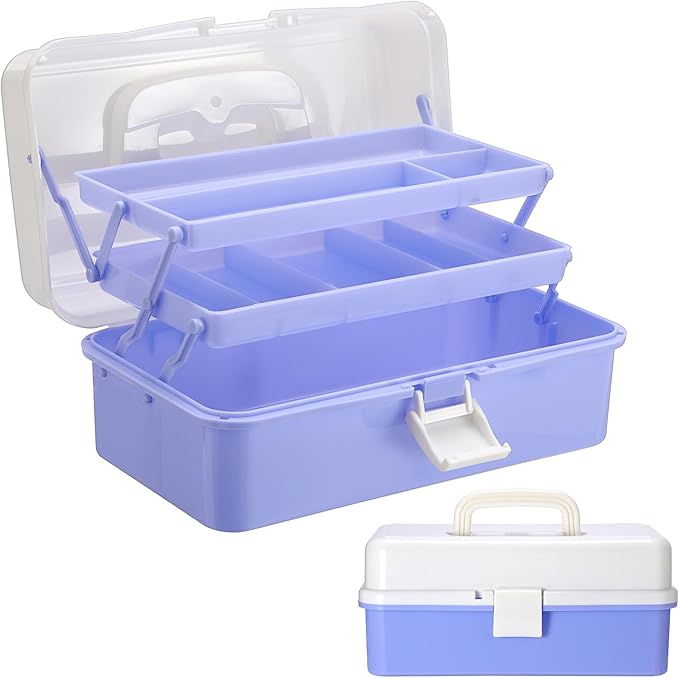 Hipiwe 3-Layer Plastic Storage Box 12.8" Multipurpose Craft Organizers with Dividers & Handle, Hair Accessories Organizer Folding Craft Tool Case Portable Tackle Box for Sewing Art Cosmetic, Purple