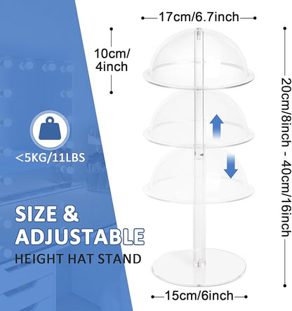 4PCS Acrylic Hat Stand and Wig Display Rack with Height Adjustable, Clear Dome Tabletop Hat Stand Cap, Sun Hat Holder Stand, Cowboy Hat Holder Baseball Cap Rack for Display