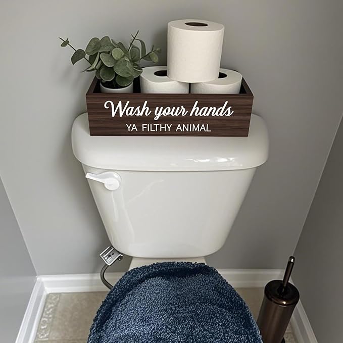 Bathroom Decor Box, Toilet Paper Basket 2 Sides Signs Farmhouse Bathroom Toilet Basket Tank Topper Rustic Farmhouse Home Decor for Livingroom Kitchen（One Dark Brown Box）