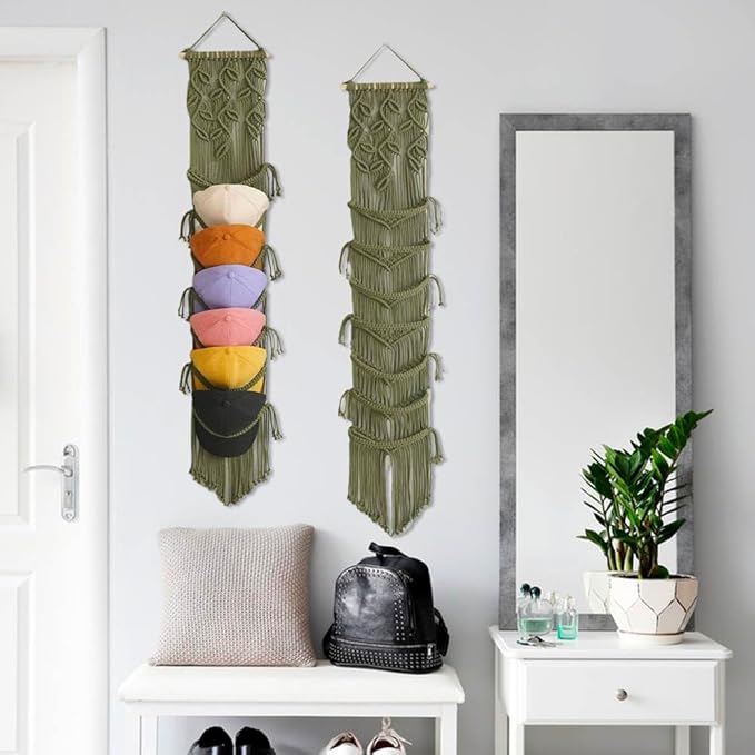 Macrame Cap Holder, Boho Hats Organizer for Baseball Caps, Hand Woven Hats Display Organizer Over Door, Hat Rack for Wall Home Hanging Decoration (Green 39in)