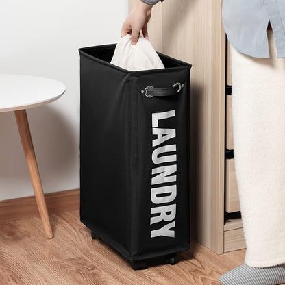 DOKEHOM 25-Inches Slim Laundry Basket on Wheels, Collapsible Rolling Laundry Hamper, Foldable Narrow Corner Clothes Storage Bins (Black)