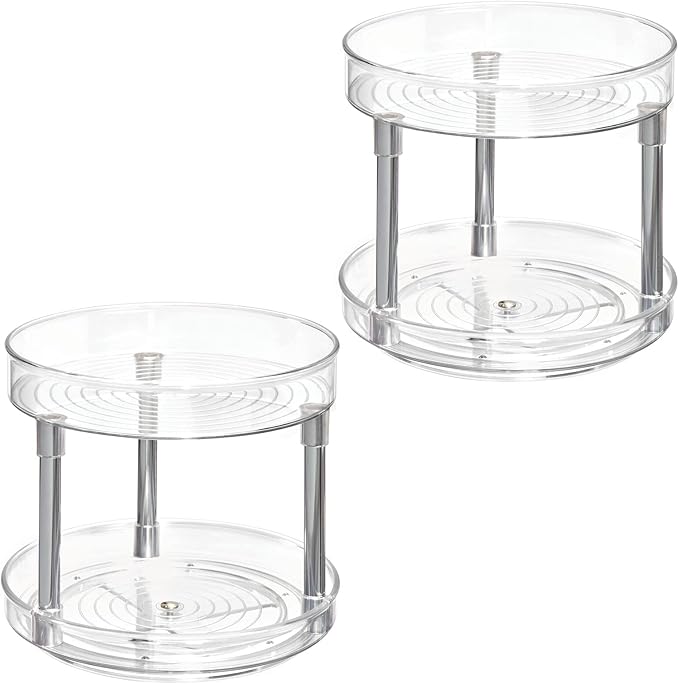 mDesign 2-Tier Lazy Susan Turntable for Kitchen Cabinets, Shelf, Table, Countertop, 9" Multi Level Rotating Organizer Carousel, Storage Turntable Organizer, Ligne Collection, 2 Pack, Clear/Chrome