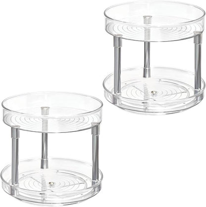 mDesign 2-Tier Lazy Susan Turntable for Kitchen Cabinets, Shelf, Table, Countertop, 9" Multi Level Rotating Organizer Carousel, Storage Turntable Organizer, Ligne Collection, 2 Pack, Clear/Chrome