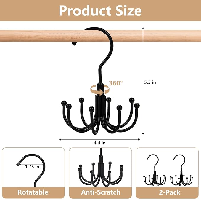 Belt Hanger 2 Pack 360° Rotatable Closet Organizer for Ties, Belts, Scarves, Hats Space-Saving Multi-Purpose Storage Hooks with Durable Design