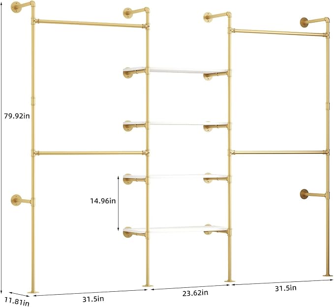Industrial Pipe Clothing Rack, Heavy Duty Adjustable Garment Hanger with Shelves, 2 Installation Methods Closet Storage System for Wardrobe Organization (Gold, 80" H x 86" W)