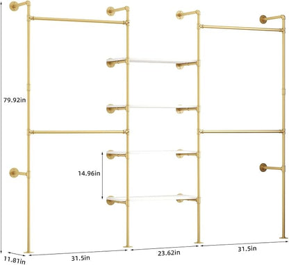 Industrial Pipe Clothing Rack, Heavy Duty Adjustable Garment Hanger with Shelves, 2 Installation Methods Closet Storage System for Wardrobe Organization (Gold, 80" H x 86" W)