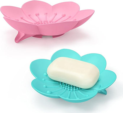 Soap Dishes 2 Pack Self Draining XL Flexible Bar Holder for Shower, Silicone Flower Soap Saver Tray for Counter Bathtub Sink Bathroom Decor with Drainage -Mirror Surface Easy Clean (Pink/Cyan Blue)