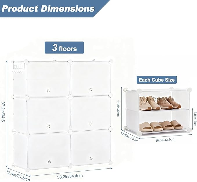 Simple Deluxe 6-Tier Shoe Rack Organizer with Doors, Stackable Shoe Storage Cabinet for Entryway Closet, Plastic Shoe Shelf with Metal Frame, Holds up to 24 Pairs for Bedroom Hallway, White