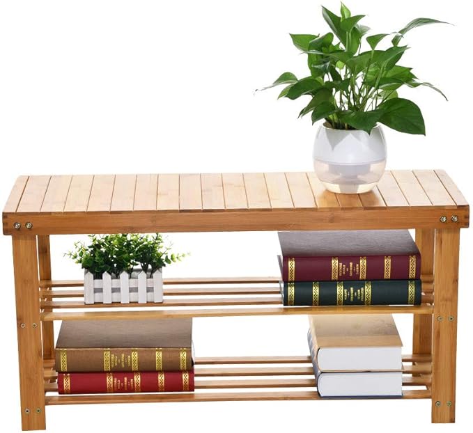 Bamboo Shoe Rack Bench 3-Tier Free Standing Wood Shoe Storage Organizer Shelf Holder Home Entryway Hallway Furniture Eco-Friendly Large Size: 34.6" L x11.1 W x 17.7" H (100% Natural Bamboo)