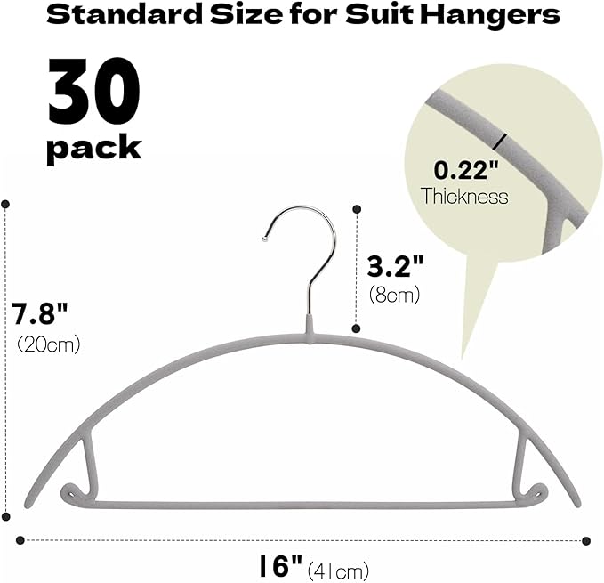 Amber Home 30 Pack No Shoulder Bump Metal Suit Coat Hangers, Non Slip PVC Coating Clothes Hangers, Curved Design to Protect Sweater, Shirt, Dress (Grey)