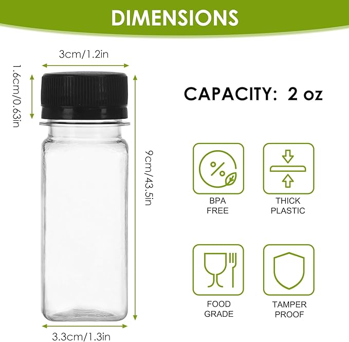 Moretoes 6pcs 2oz Plastic Shots Bottles with Caps, Plastic Juice Bottles with Lids, Clear Reusable Water Bottles, Ginger Shots, Leak Proof, Disposable Beverage Containers for Juicing, Smoothie, Milk