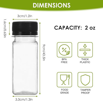 Moretoes 6pcs 2oz Plastic Shots Bottles with Caps, Plastic Juice Bottles with Lids, Clear Reusable Water Bottles, Ginger Shots, Leak Proof, Disposable Beverage Containers for Juicing, Smoothie, Milk