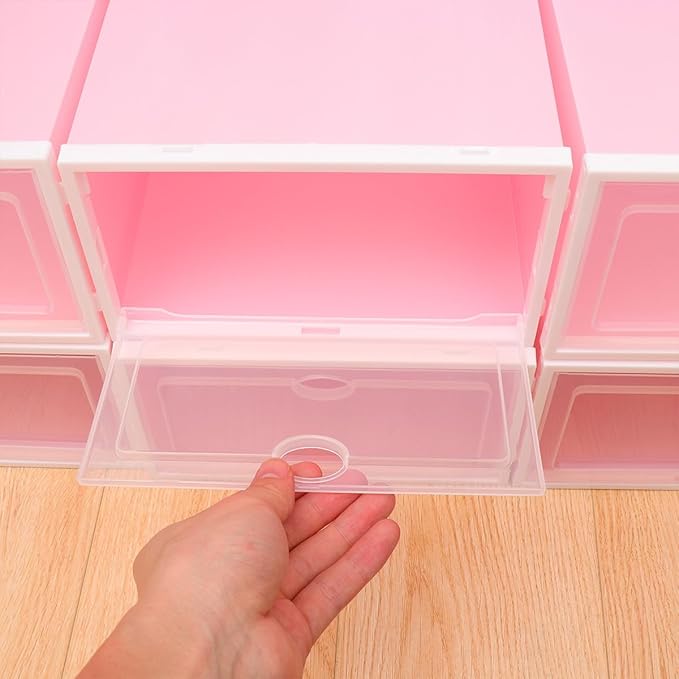 6pcs Thick Shoes Storage Box Plastic Shoe Container Stackable with White Frame Pink for Men Closet Organization